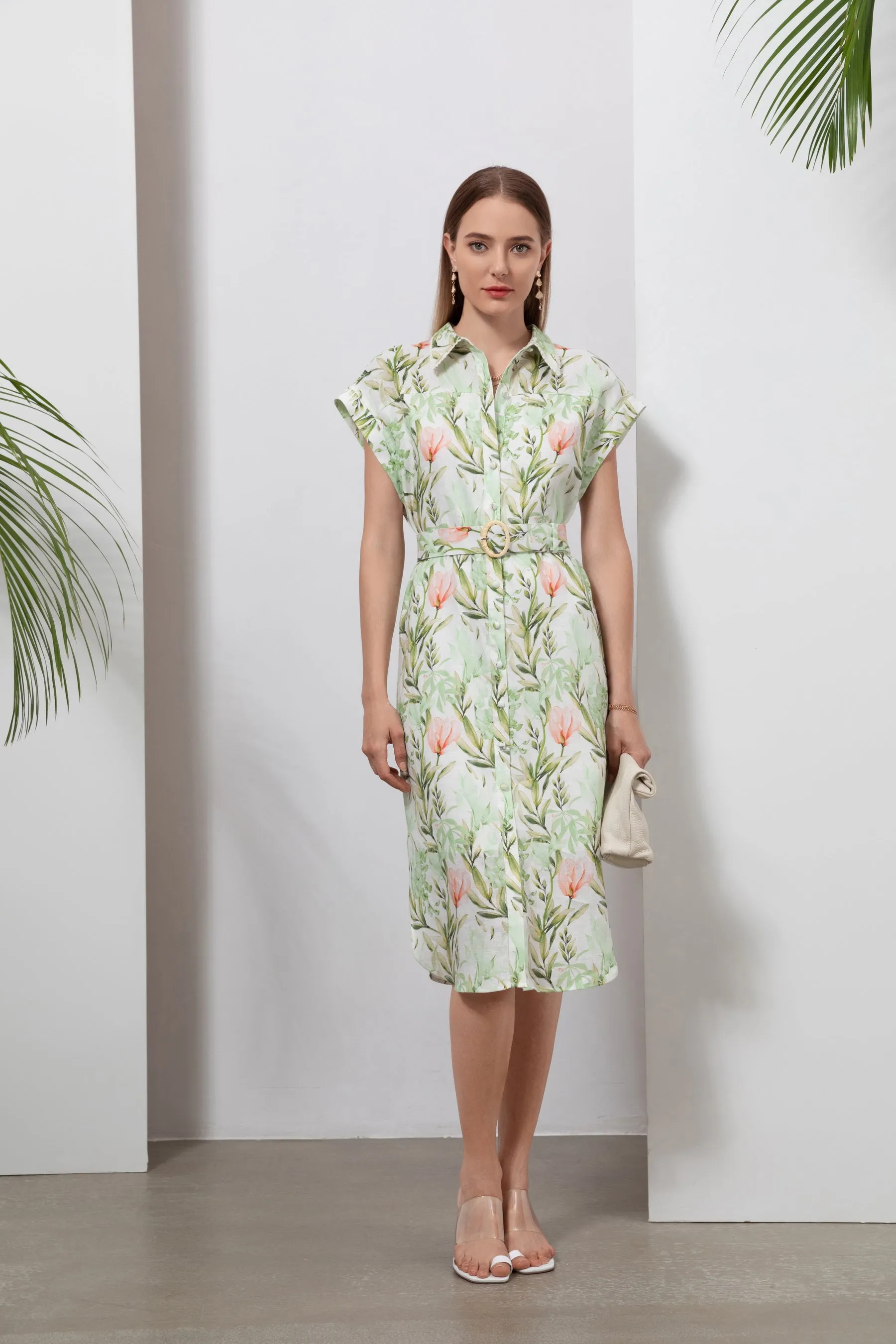 GDS Desiree Floral Linen Long Dress | Green