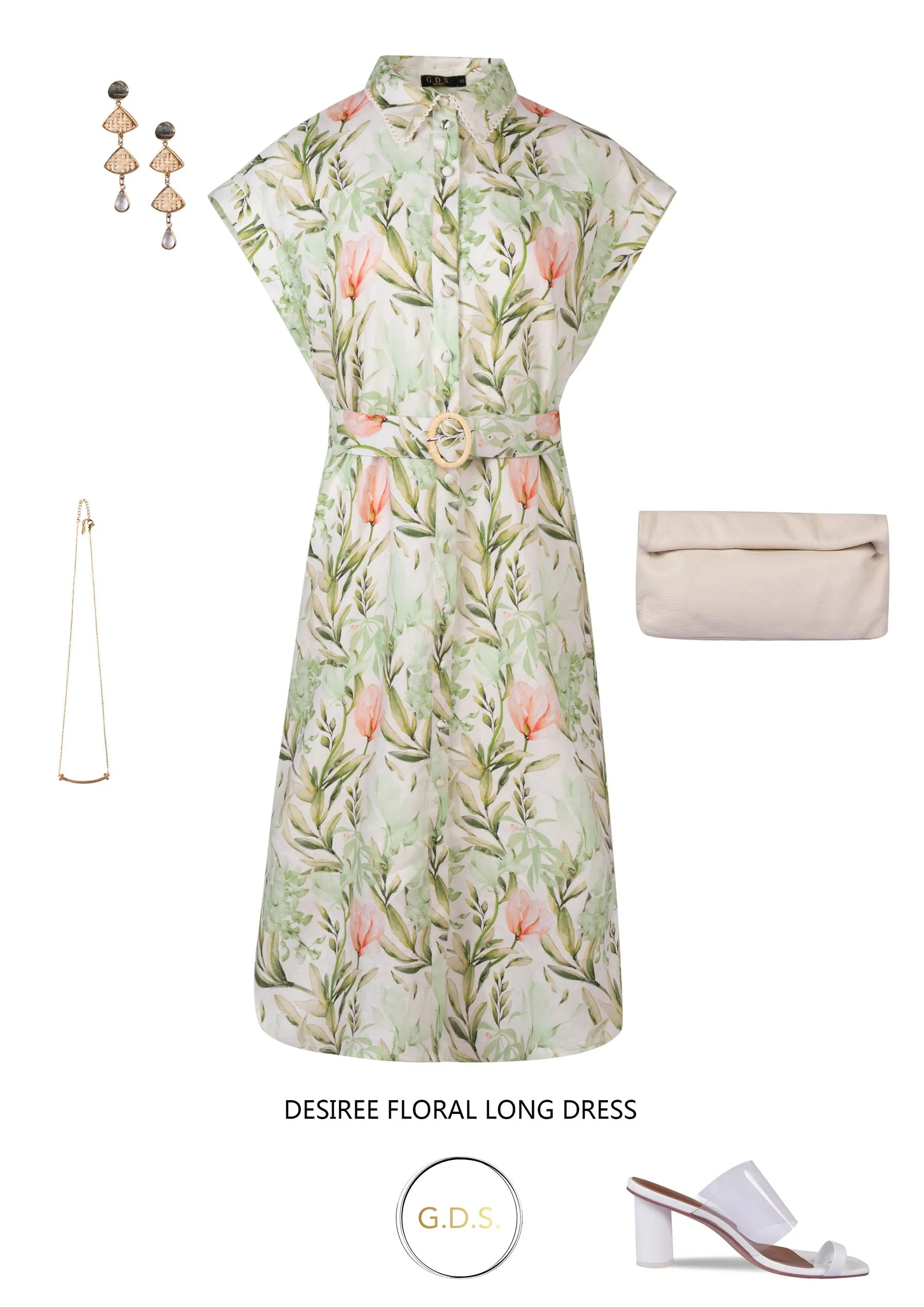 GDS Desiree Floral Linen Long Dress | Green