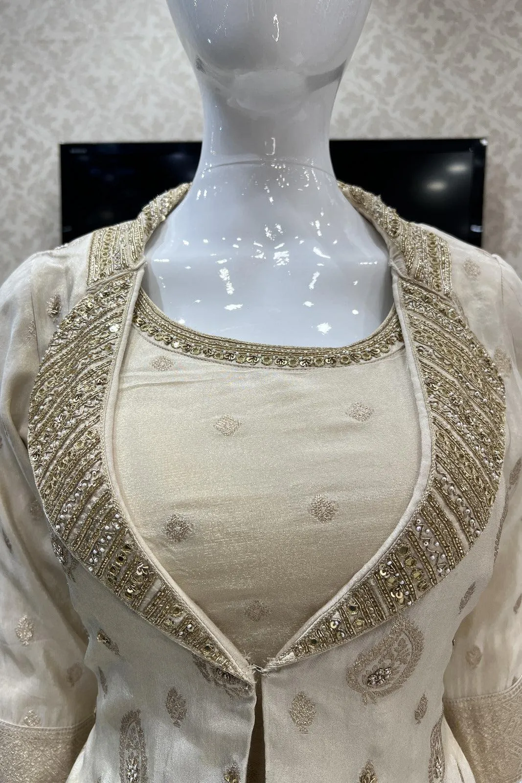 Golden Beige Anarkali Style Salwar Suit with Overcoat and Gathering Pants