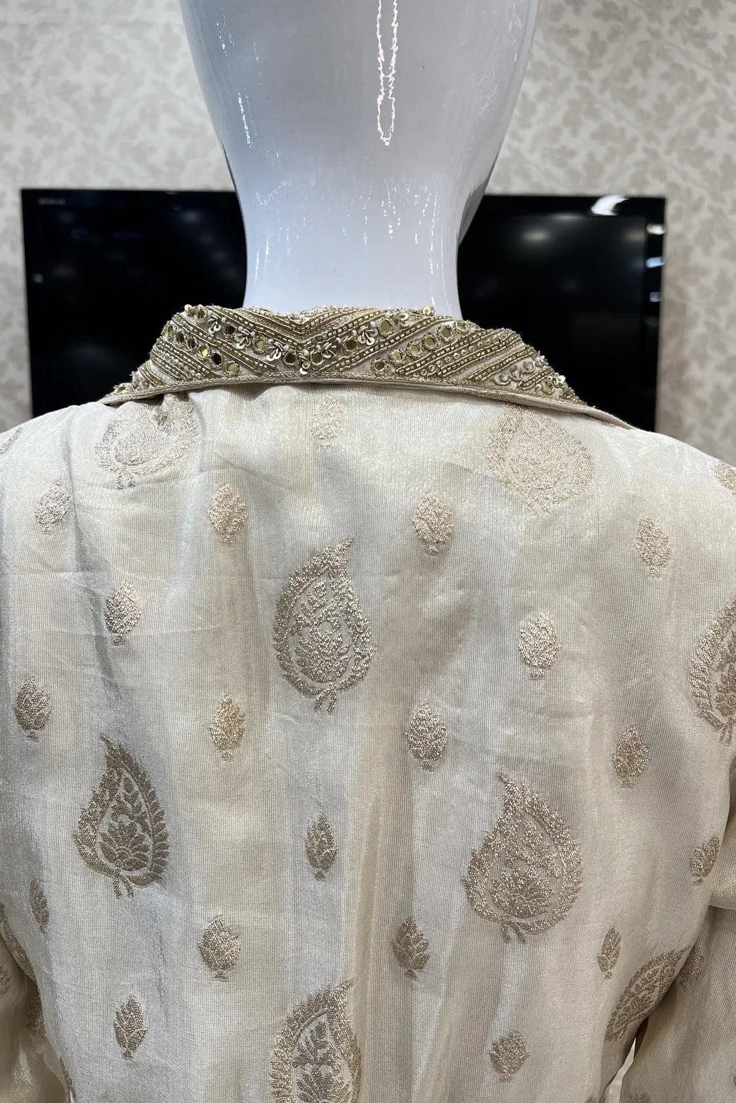 Golden Beige Anarkali Style Salwar Suit with Overcoat and Gathering Pants