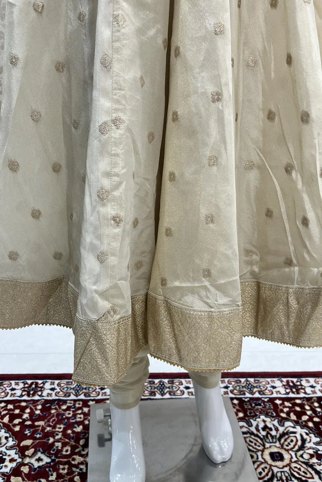 Golden Beige Anarkali Style Salwar Suit with Overcoat and Gathering Pants