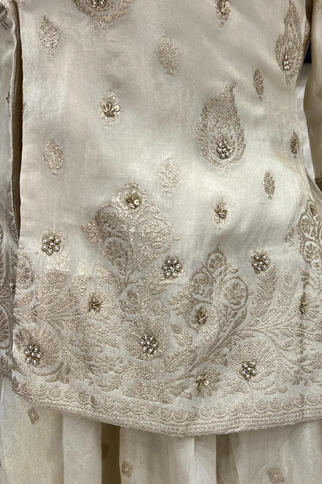 Golden Beige Anarkali Style Salwar Suit with Overcoat and Gathering Pants