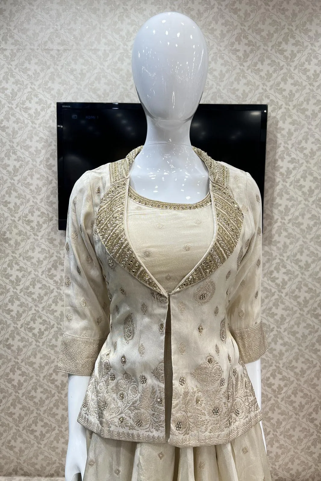 Golden Beige Anarkali Style Salwar Suit with Overcoat and Gathering Pants