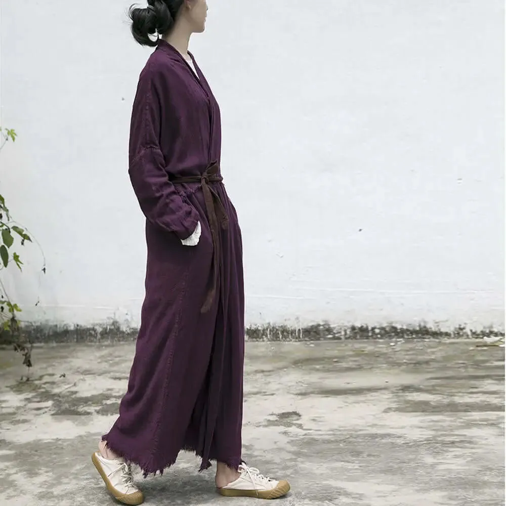 Grape Purple Linen Belted Long Cardigan Coat for Women
