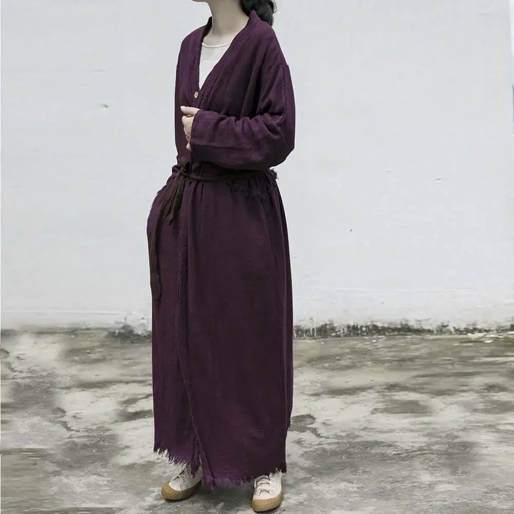 Grape Purple Linen Belted Long Cardigan Coat for Women