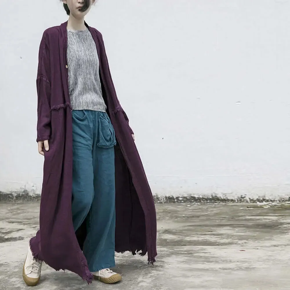 Grape Purple Linen Belted Long Cardigan Coat for Women