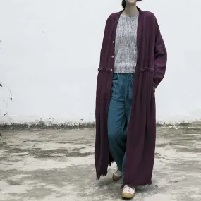 Grape Purple Linen Belted Long Cardigan Coat for Women
