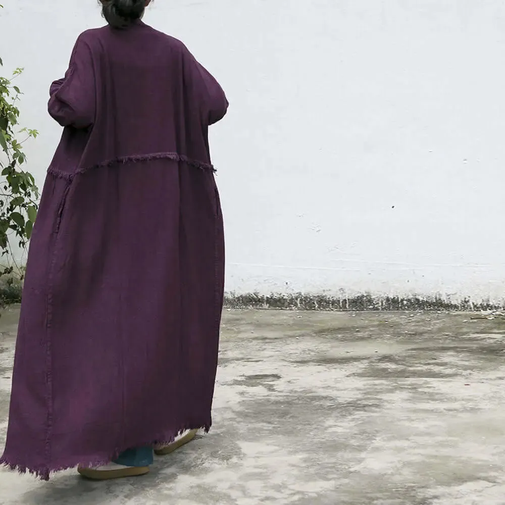 Grape Purple Linen Belted Long Cardigan Coat for Women