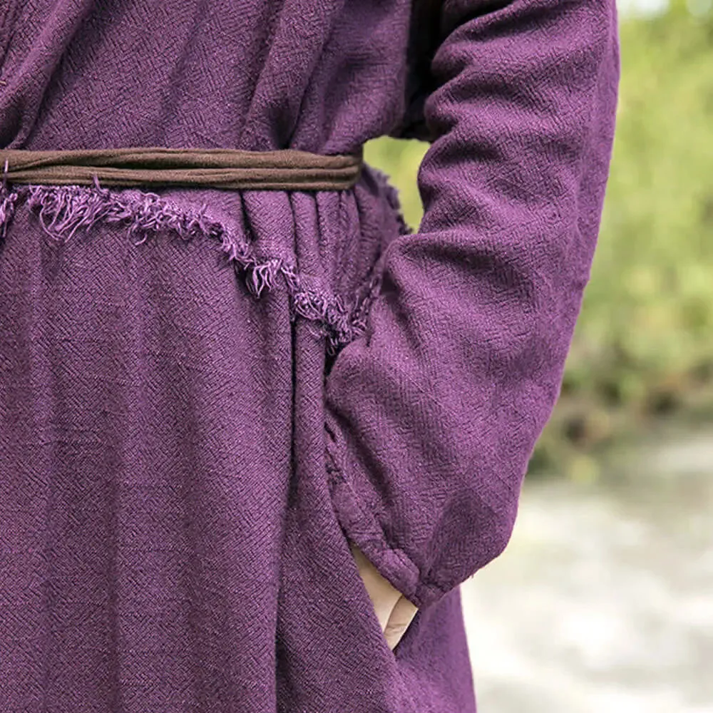 Grape Purple Linen Belted Long Cardigan Coat for Women