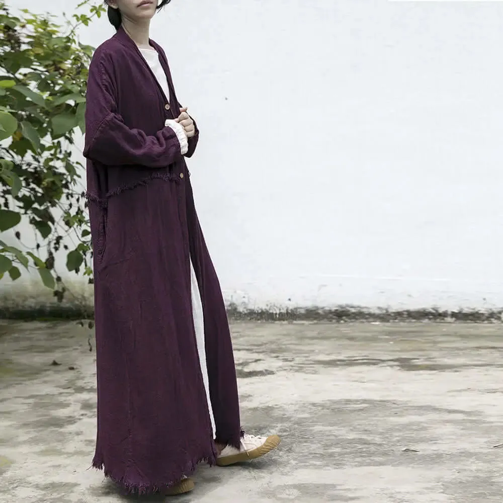 Grape Purple Linen Belted Long Cardigan Coat for Women