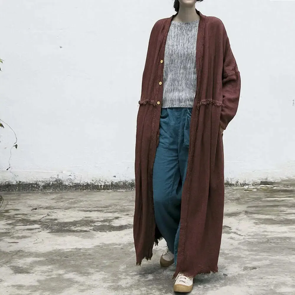 Grape Purple Linen Belted Long Cardigan Coat for Women