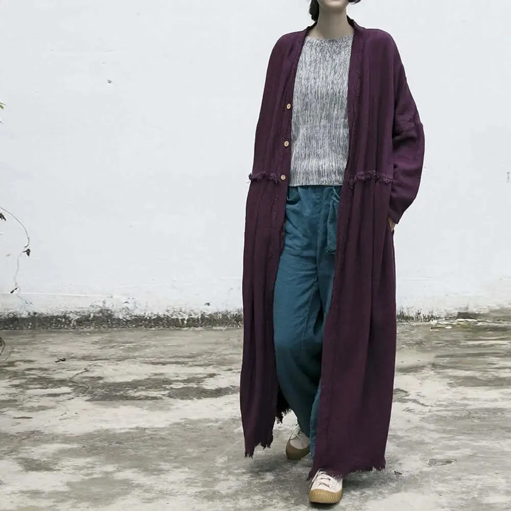 Grape Purple Linen Belted Long Cardigan Coat for Women