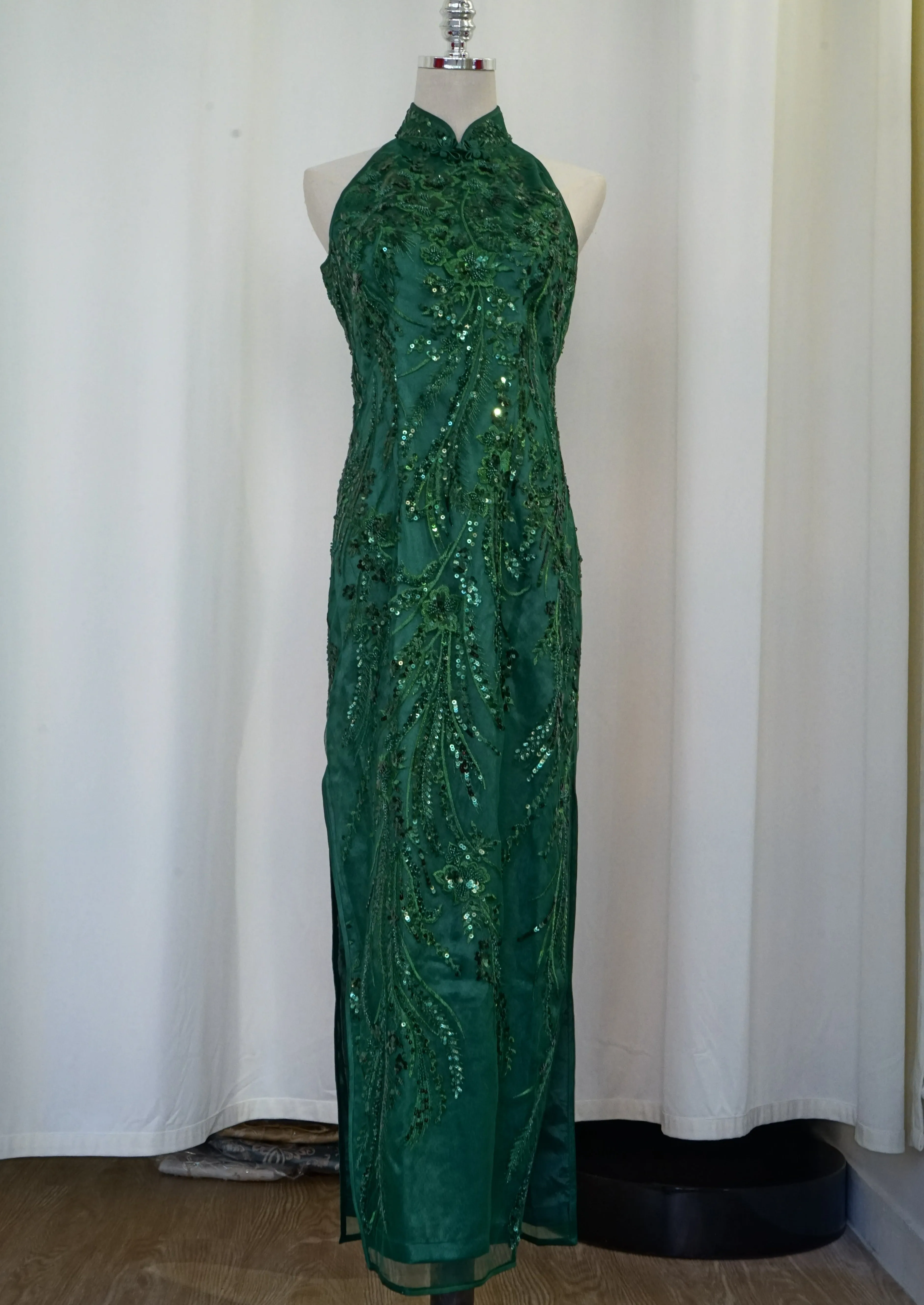 Green Lilies Halter Lace Qipao
