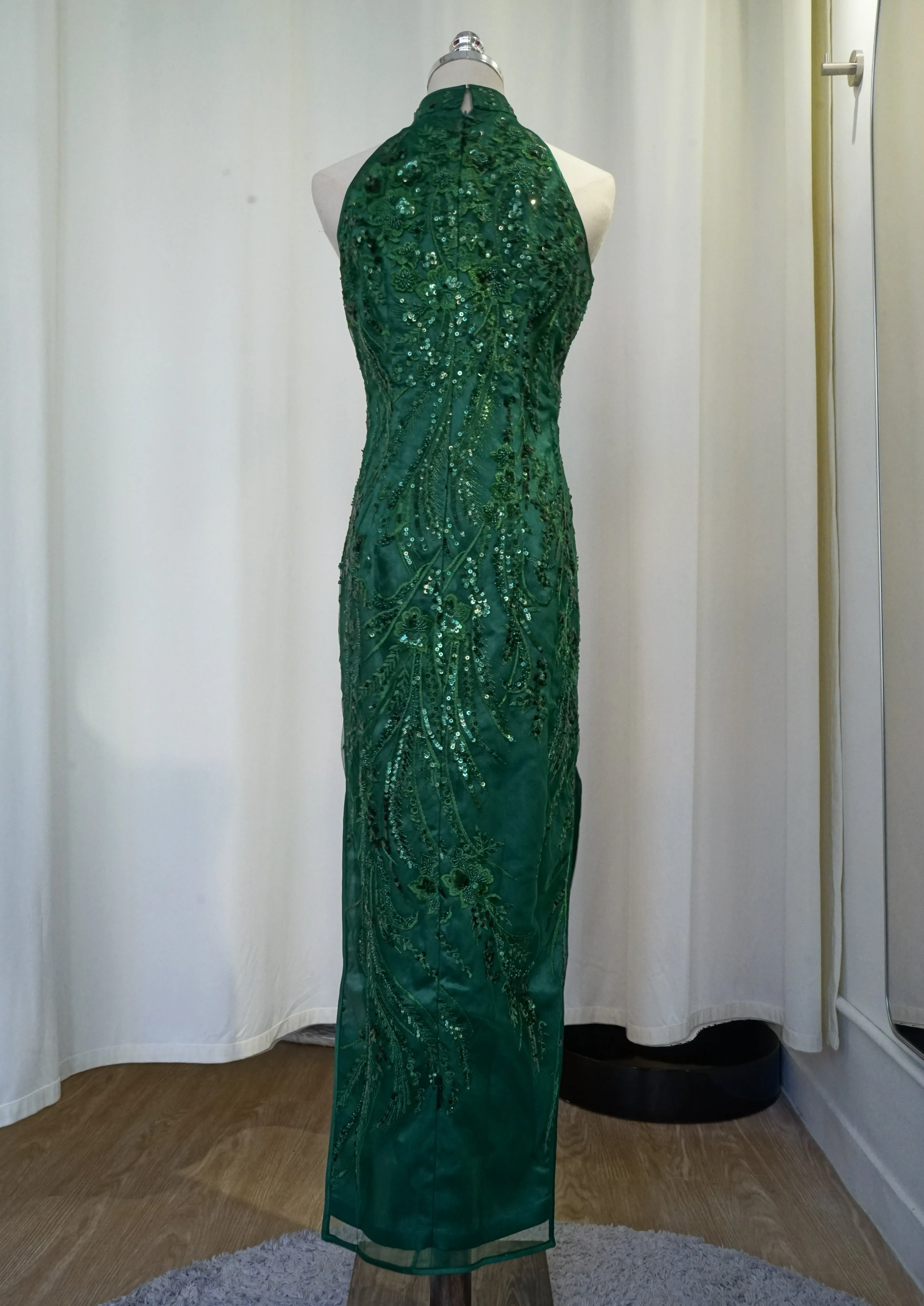 Green Lilies Halter Lace Qipao