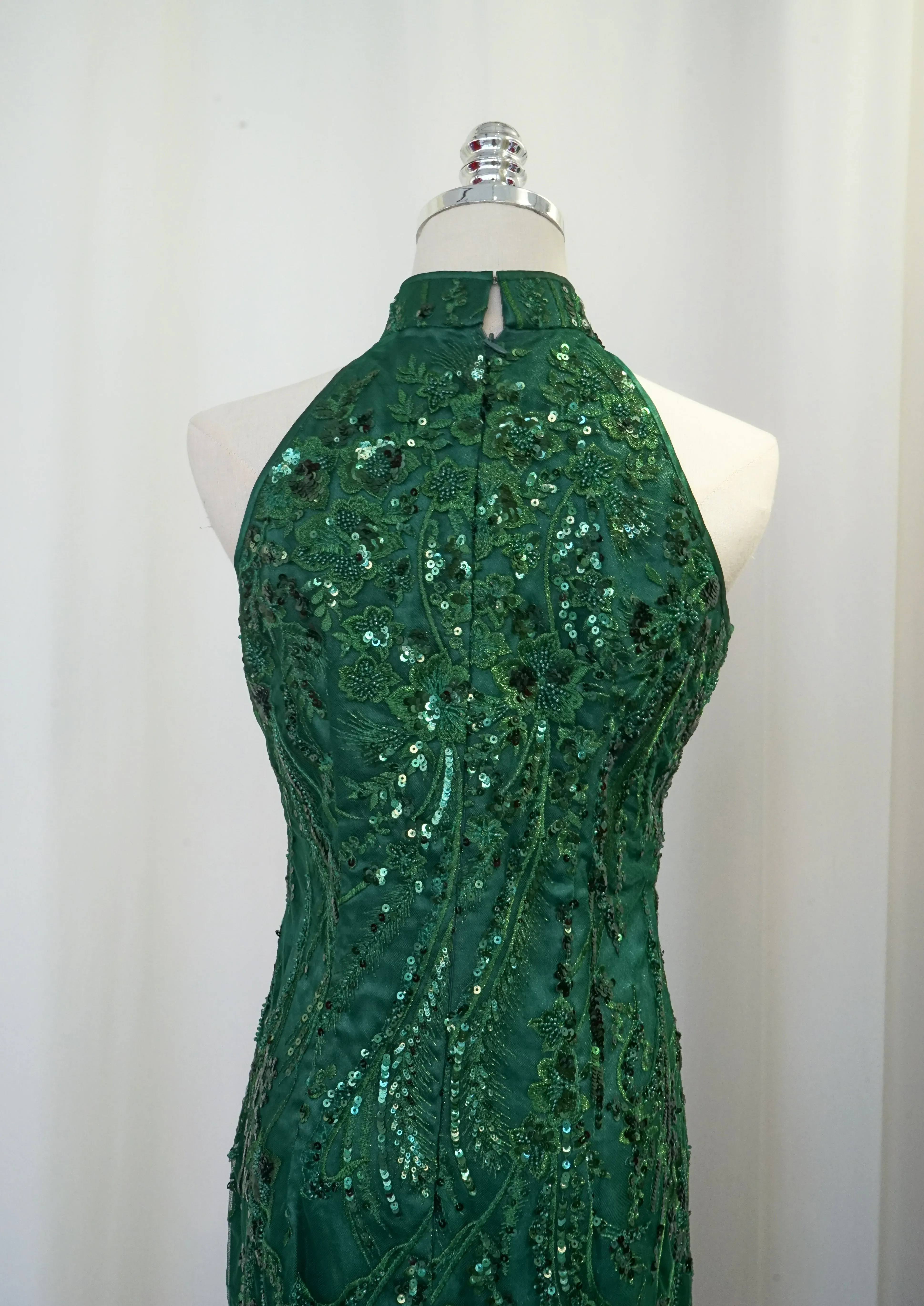 Green Lilies Halter Lace Qipao
