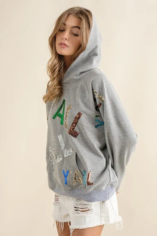 Grey French Terry Sequin Embroidery Hoodie
