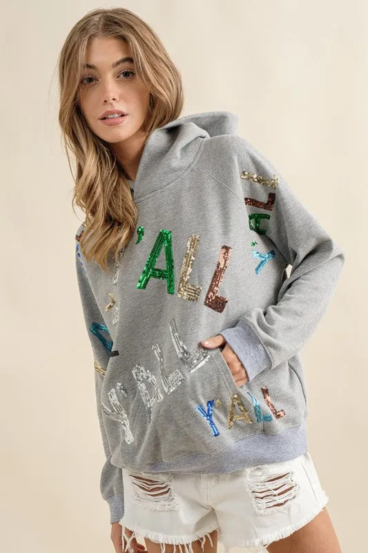 Grey French Terry Sequin Embroidery Hoodie