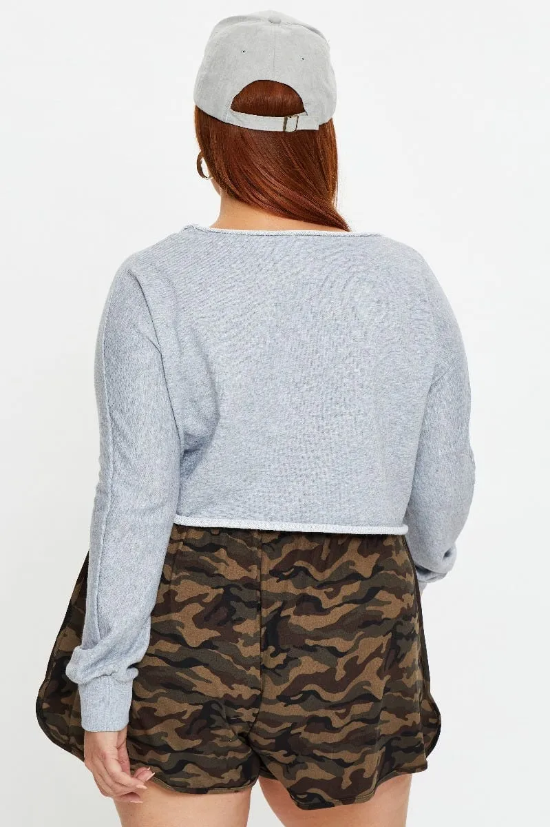 Grey Jersey Crop Scoop Neck Long Sleeve