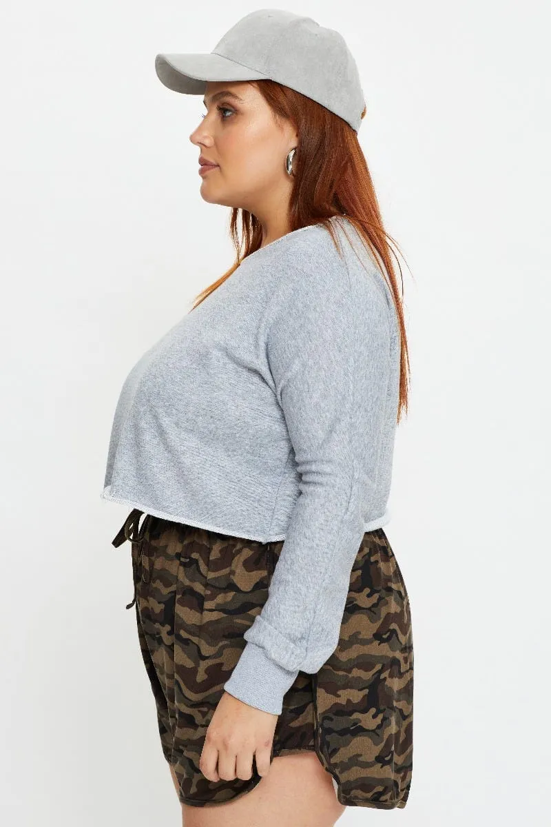 Grey Jersey Crop Scoop Neck Long Sleeve