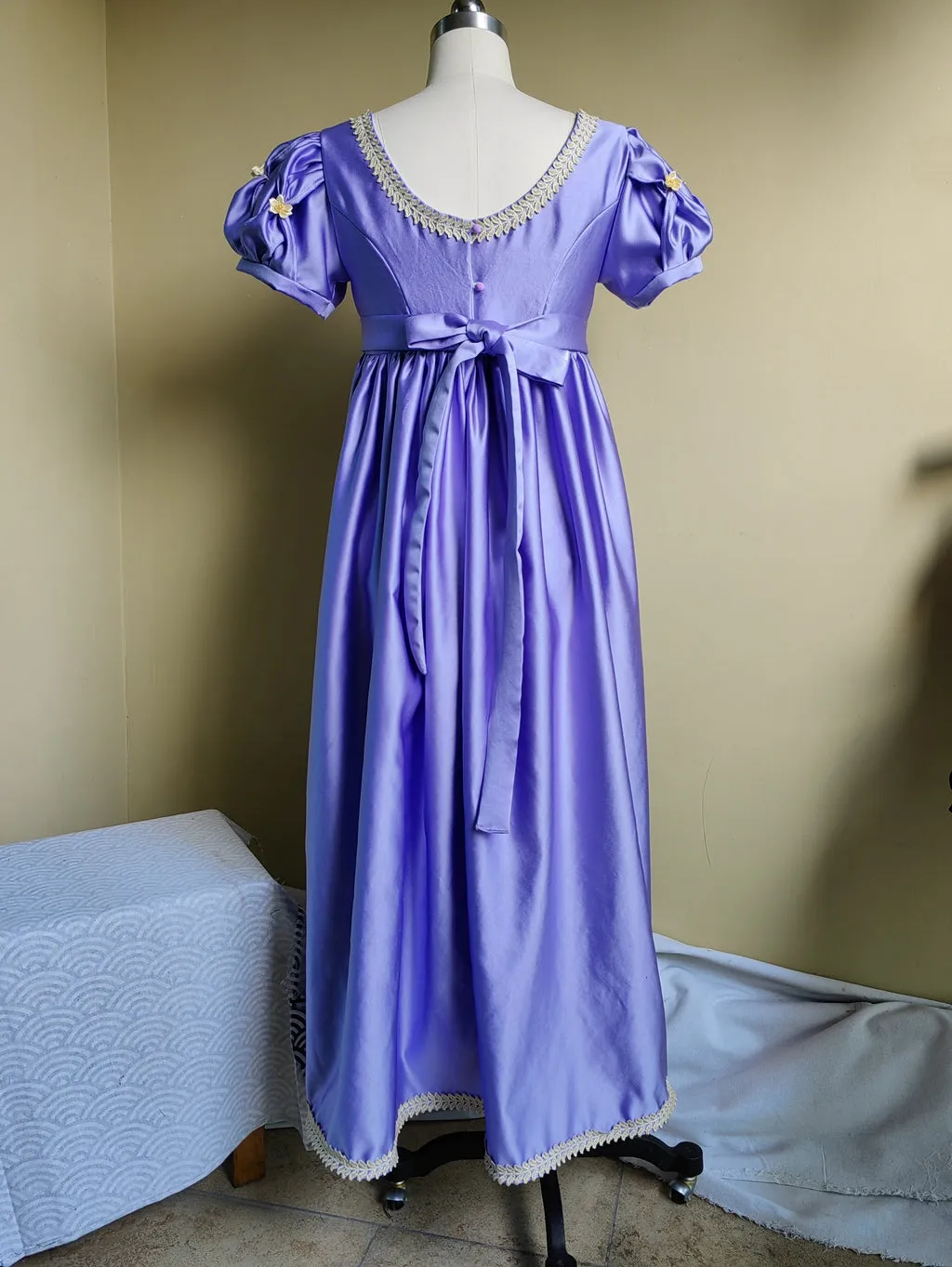 Handmade Custom made Satin Puff Sleeves Regency Dress