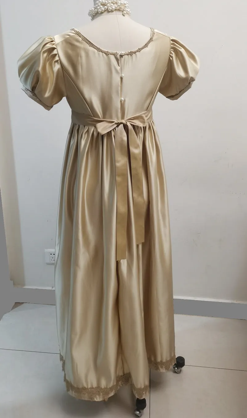 Handmade Custom made Satin Puff Sleeves Regency Dress