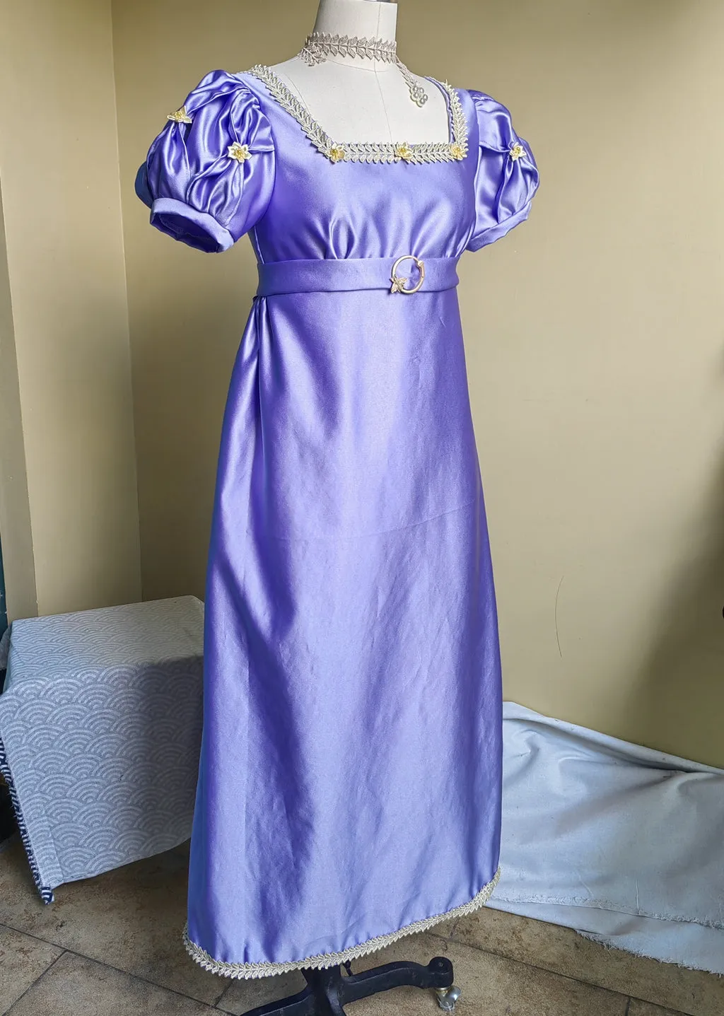 Handmade Custom made Satin Puff Sleeves Regency Dress