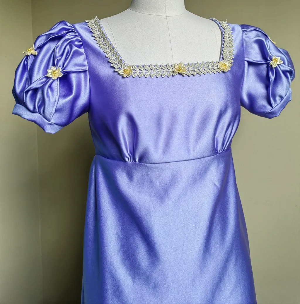 Handmade Custom made Satin Puff Sleeves Regency Dress