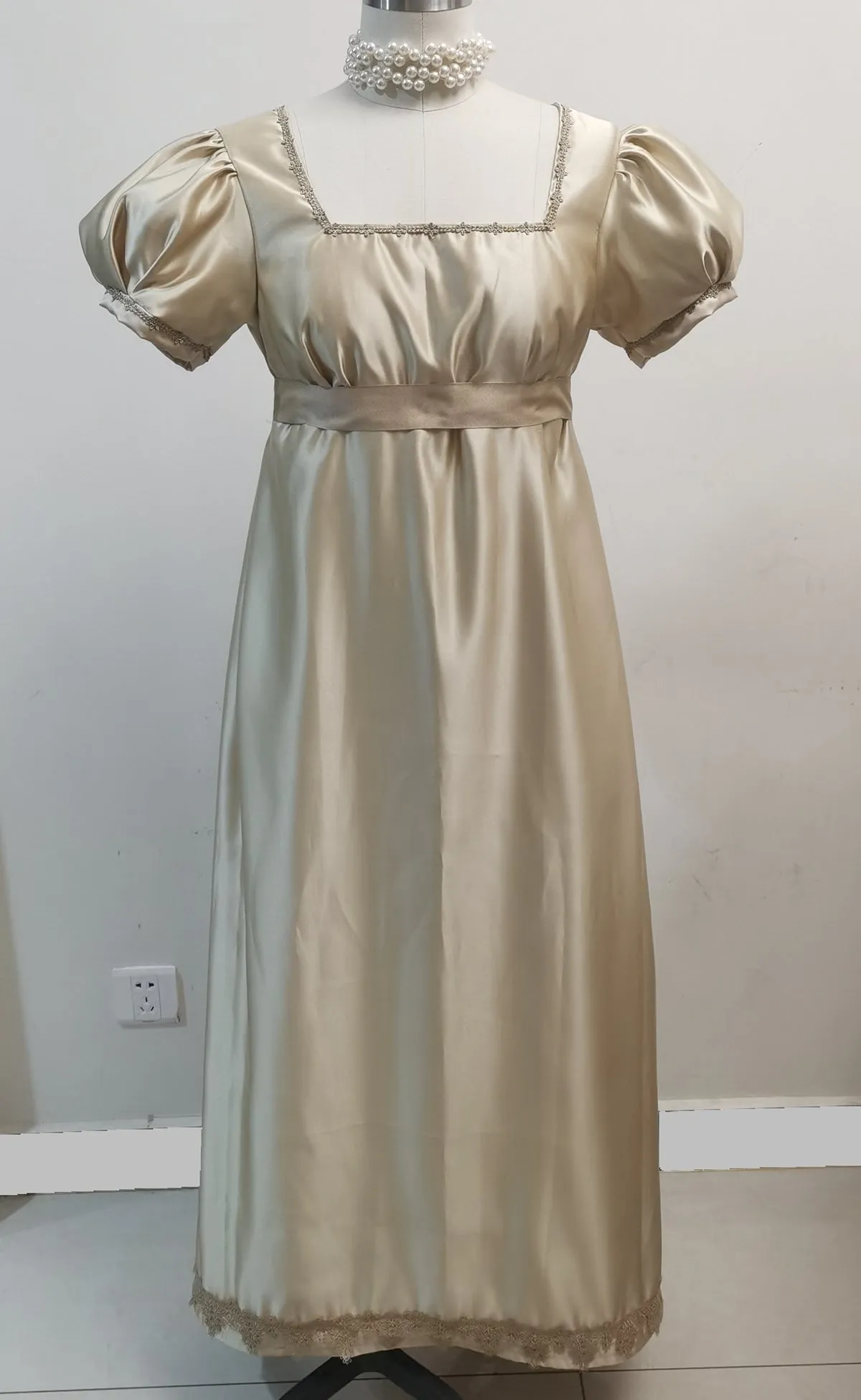 Handmade Custom made Satin Puff Sleeves Regency Dress