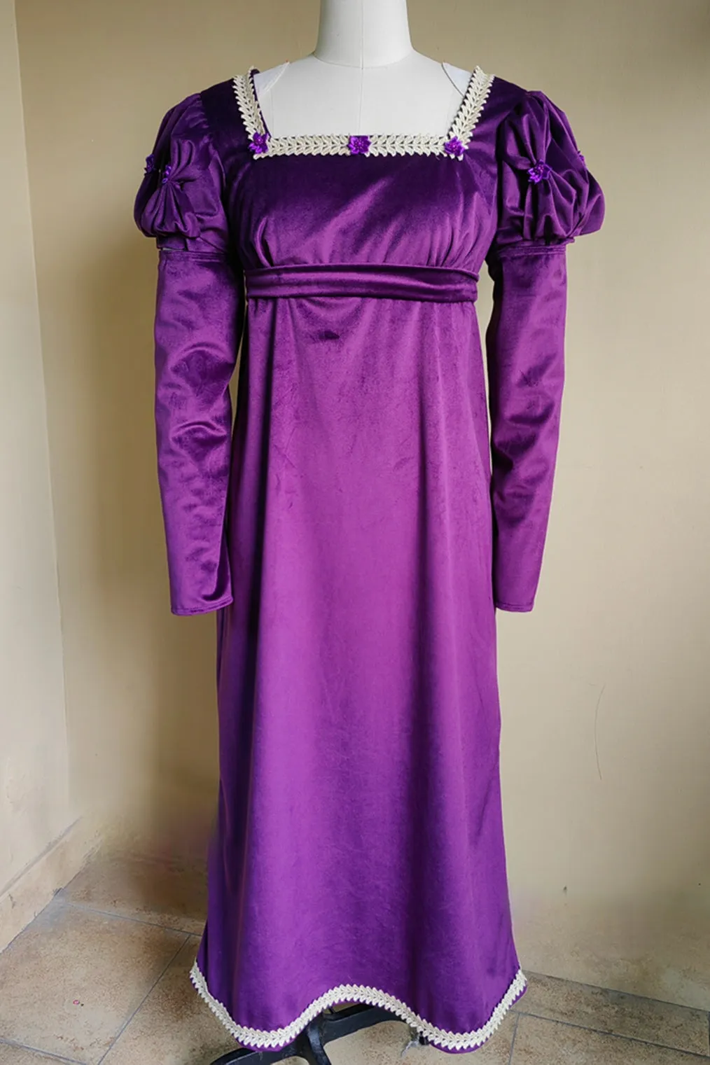 Handmade Custom made Satin Puff Sleeves Regency Dress