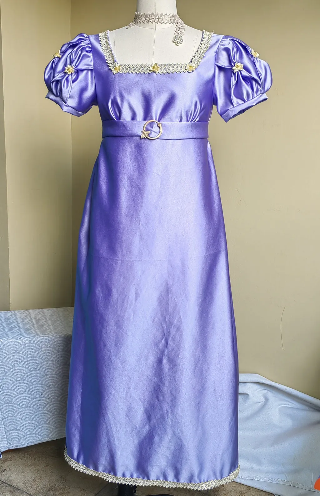 Handmade Custom made Satin Puff Sleeves Regency Dress