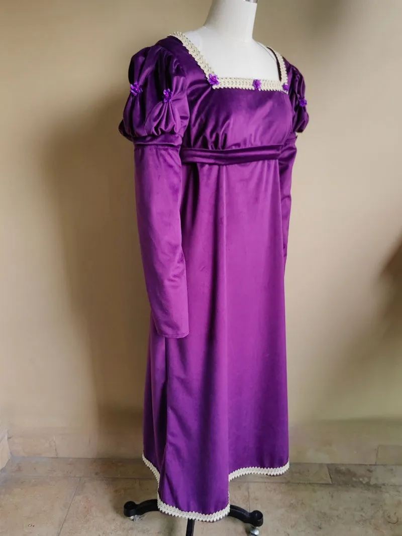 Handmade Custom made Satin Puff Sleeves Regency Dress