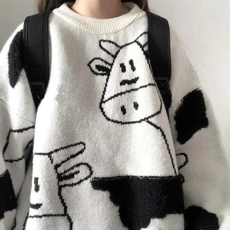 Harajuku Cartoon Cow Sweater - Embrace Cuteness and Warmth All Winter Long! 🐄❄️