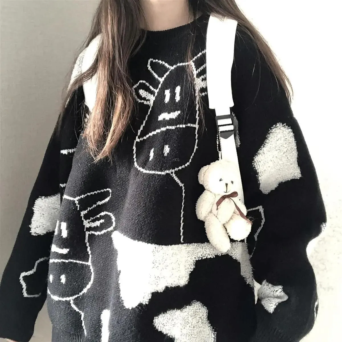 Harajuku Cartoon Cow Sweater - Embrace Cuteness and Warmth All Winter Long! 🐄❄️