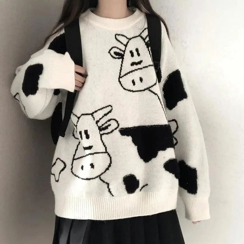 Harajuku Cartoon Cow Sweater - Embrace Cuteness and Warmth All Winter Long! 🐄❄️