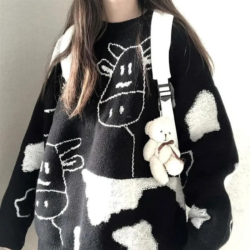 Harajuku Cartoon Cow Sweater - Embrace Cuteness and Warmth All Winter Long! 🐄❄️