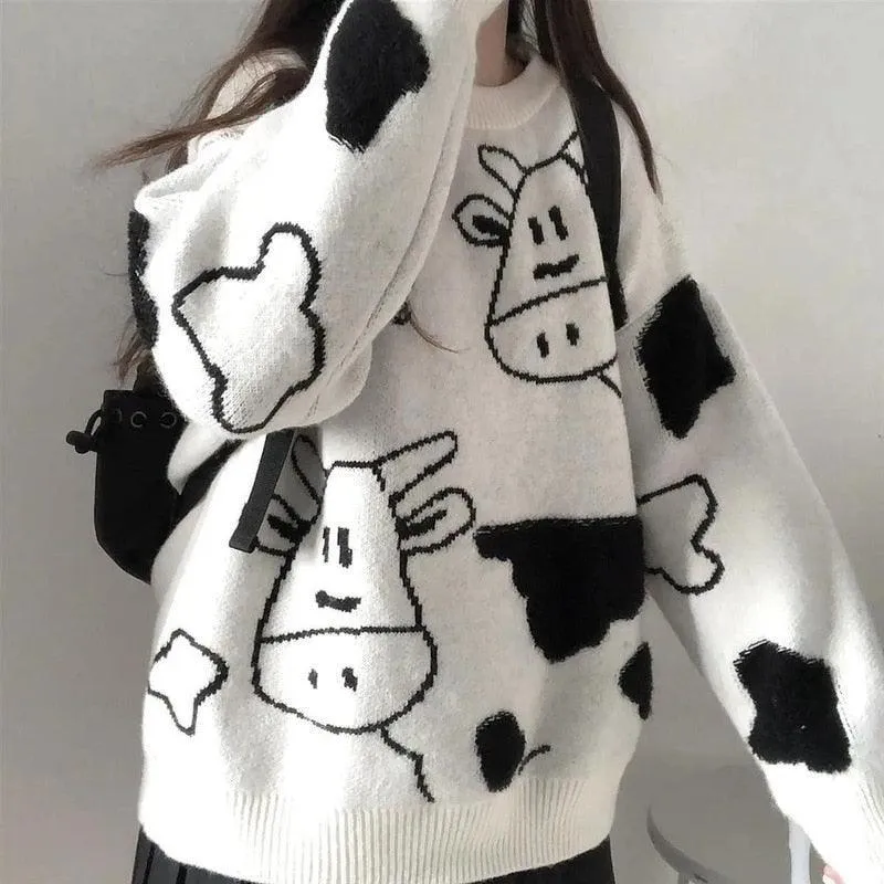 Harajuku Cartoon Cow Sweater - Embrace Cuteness and Warmth All Winter Long! 🐄❄️