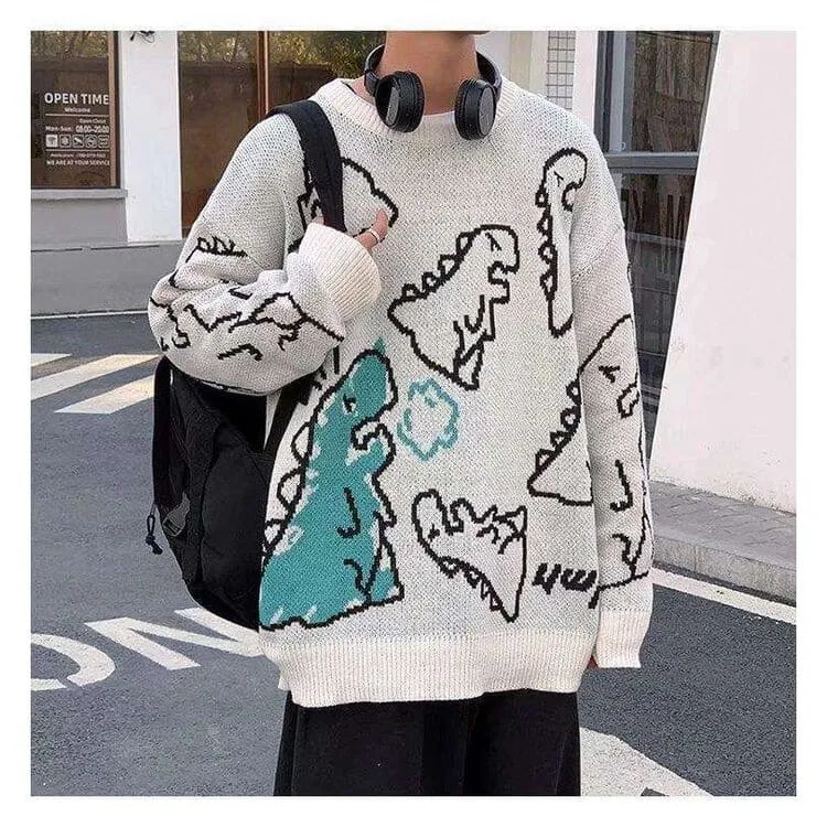 Harajuku Cartoon Dinosaur Sweater - Playful and Comfortable