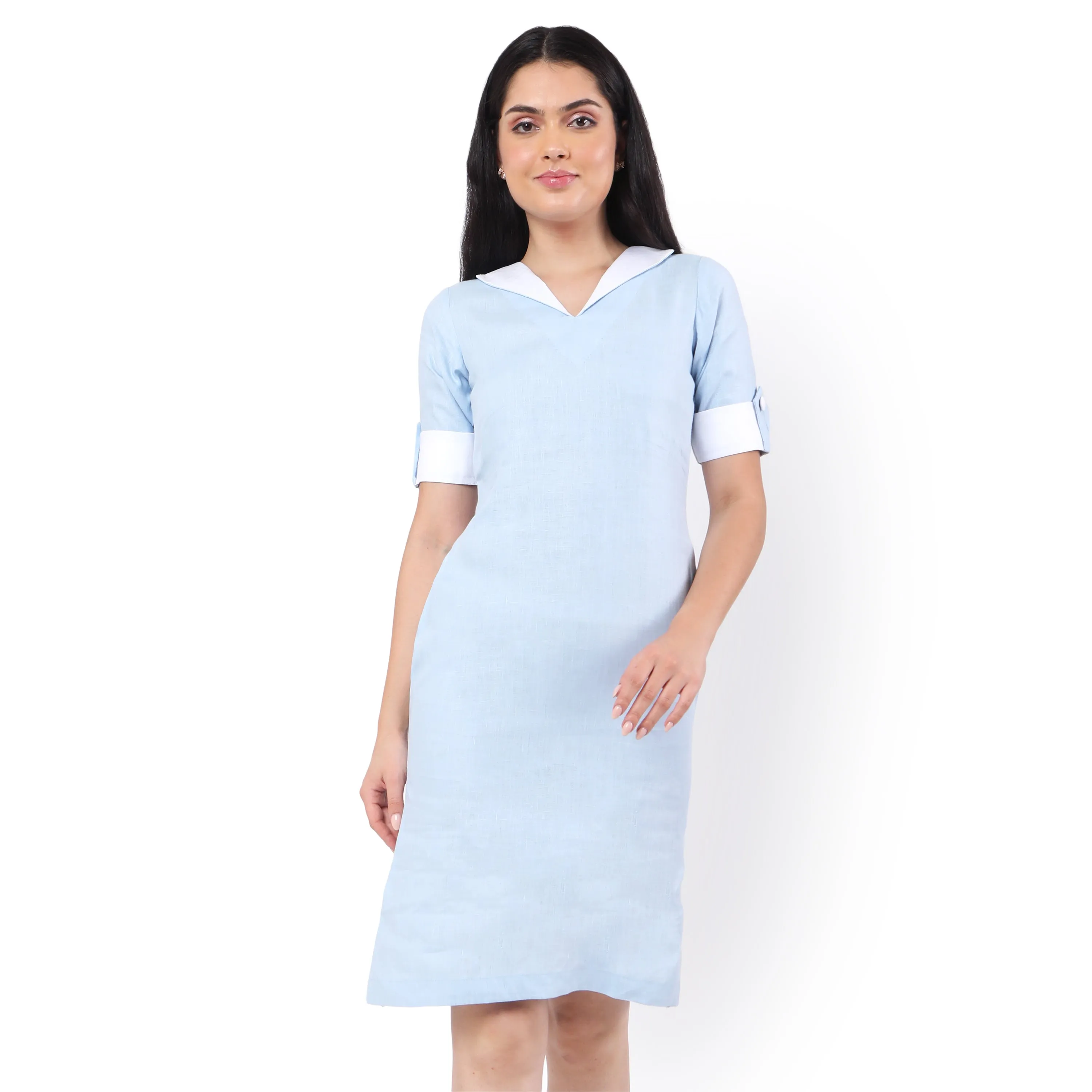 Hemp V Neck  Dress Blue
