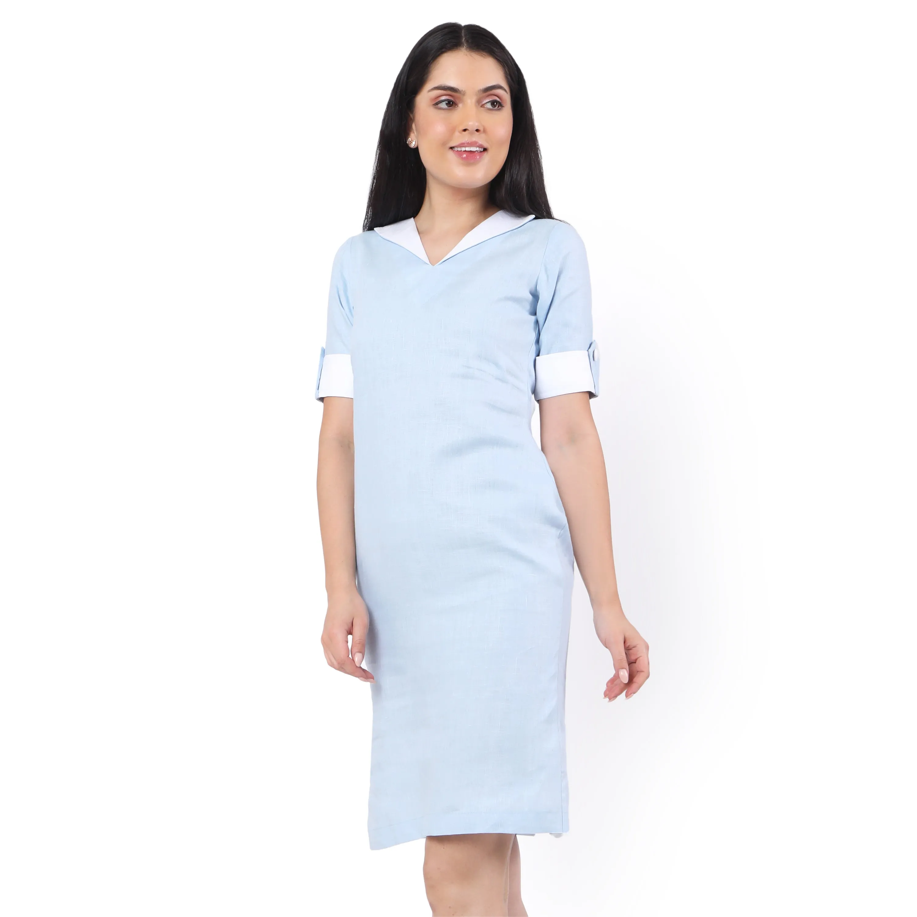 Hemp V Neck  Dress Blue