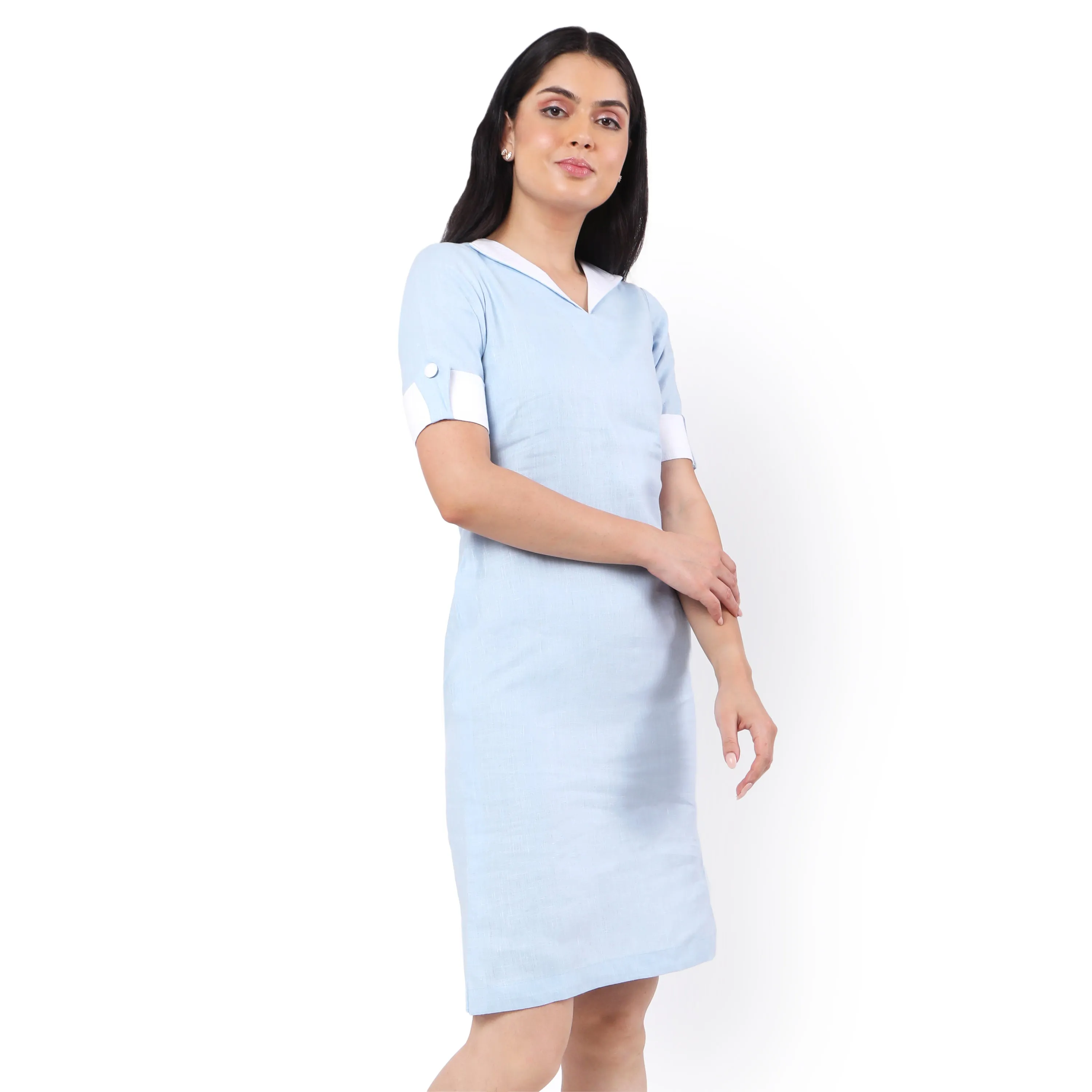Hemp V Neck  Dress Blue