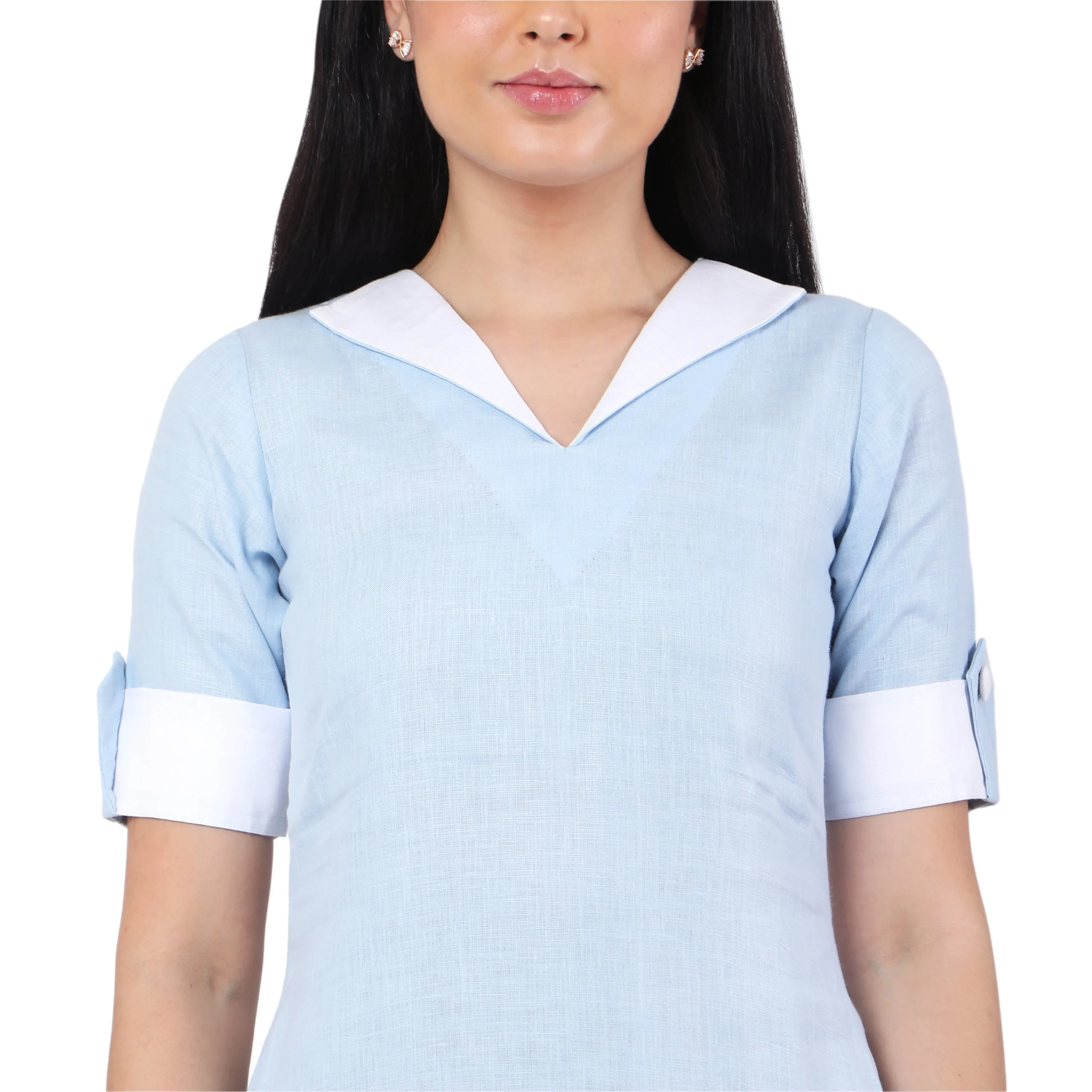 Hemp V Neck  Dress Blue