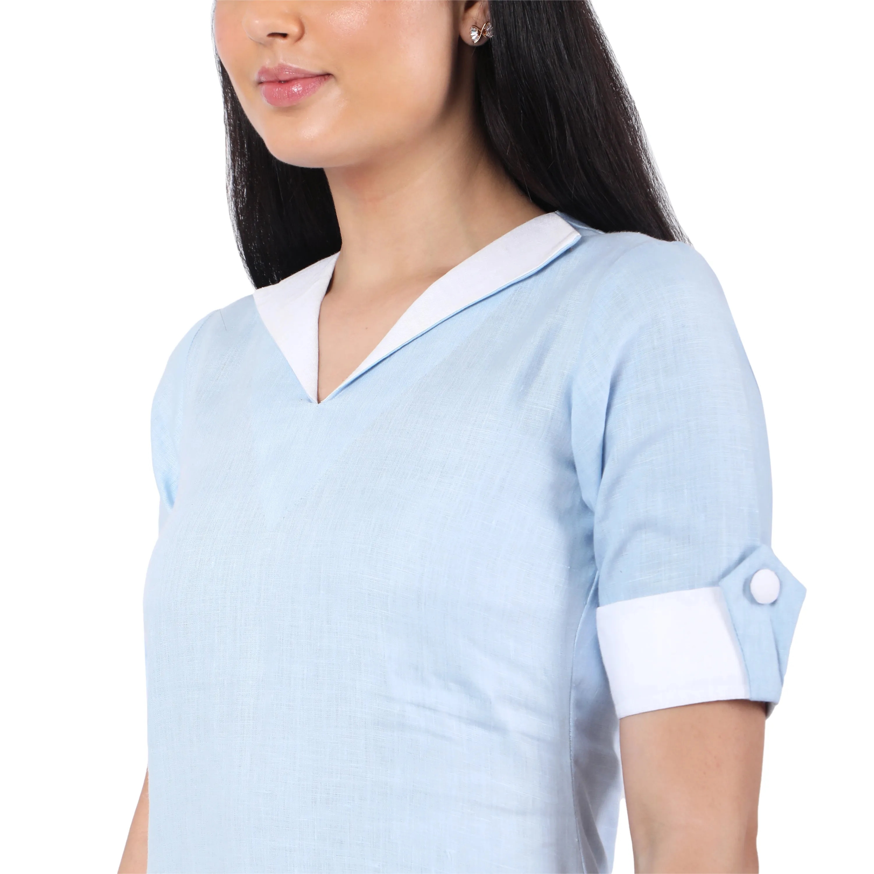 Hemp V Neck  Dress Blue