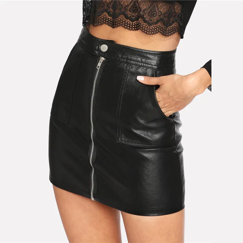 High Waisted Black Leather Skirt