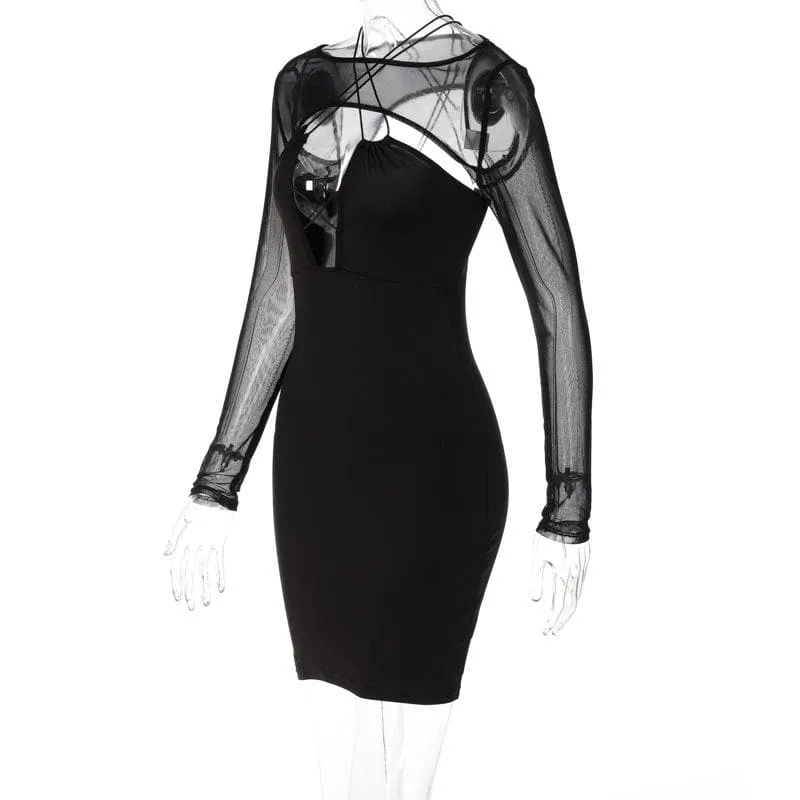 Hollow out corss back mesh long sleeve solid mini dress - Final Sale