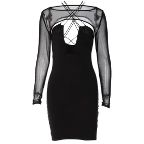 Hollow out corss back mesh long sleeve solid mini dress - Final Sale