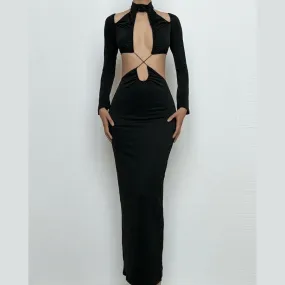 Hollow out cross front solid long sleeve halter cut out midi dress