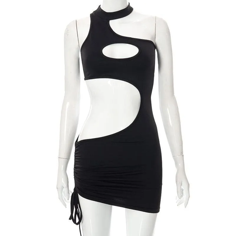 Hollow out irregular solid ruched dress