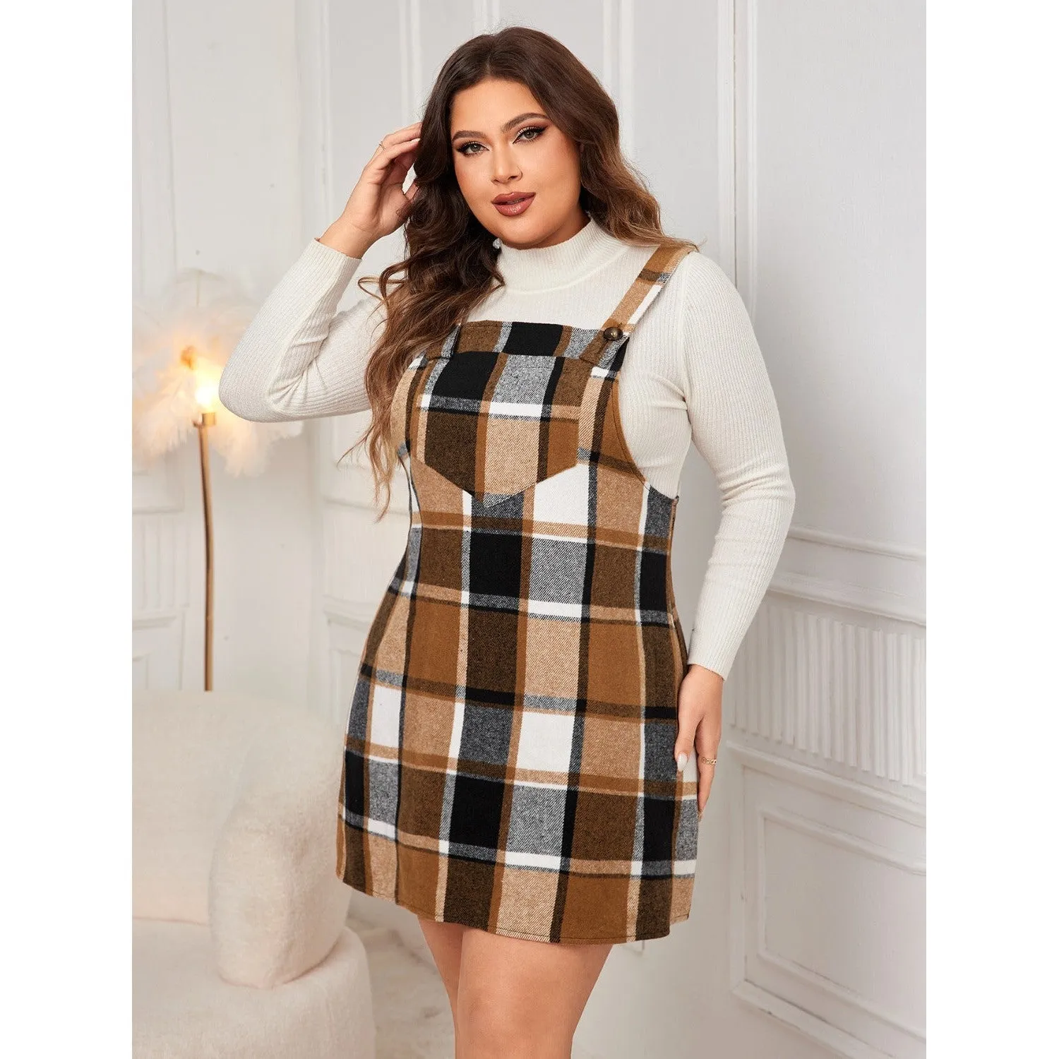 Honey Plus Size Plaid Wide Strap Overall Dress