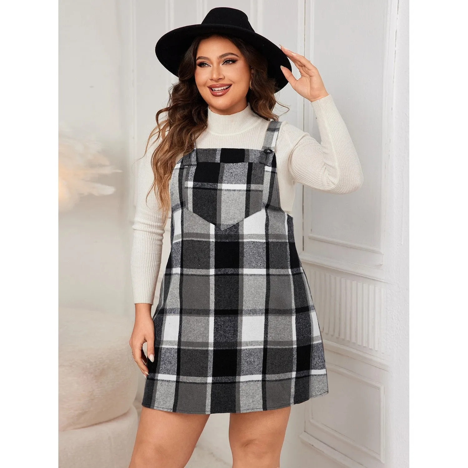 Honey Plus Size Plaid Wide Strap Overall Dress