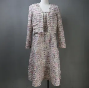 Hot Pink Tweed Fit & Flare Dress   Crop Jacket Suit With Pearls Decoration